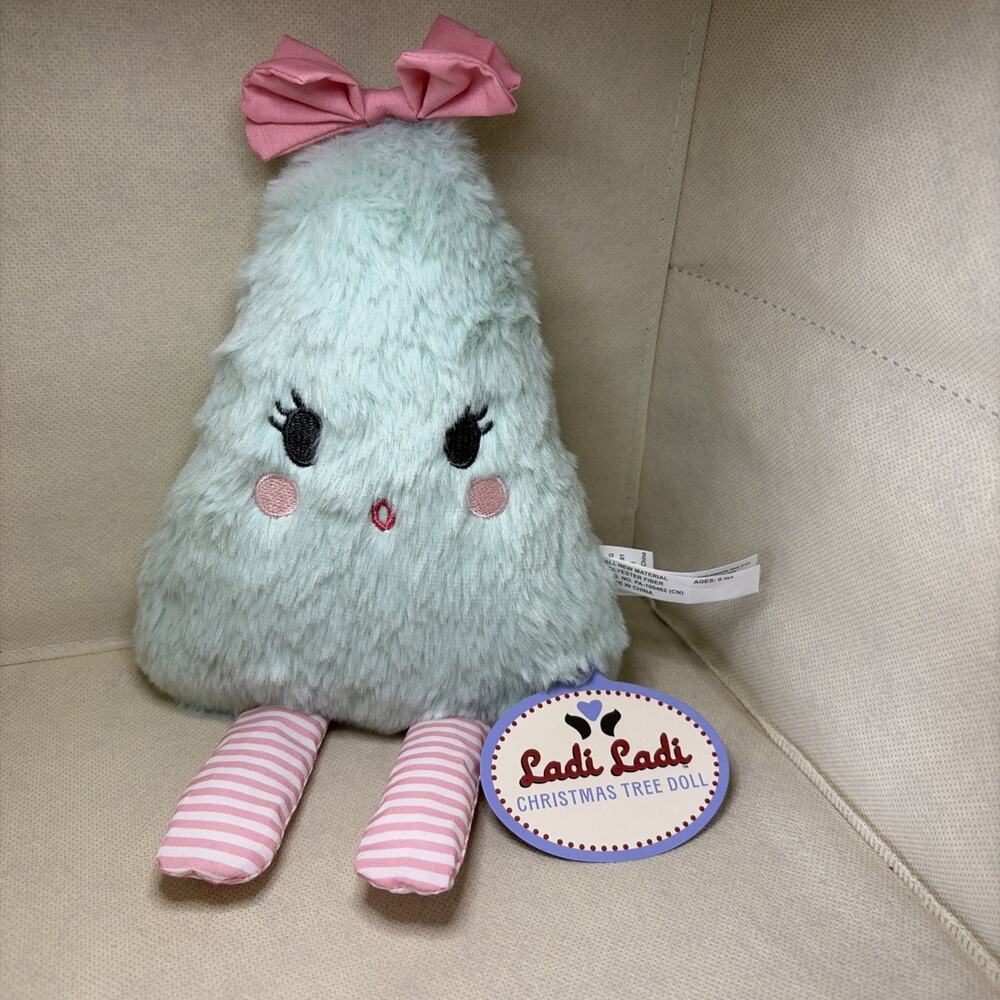 Ladi Ladi Plush Christmas Tree Doll With Bow & Striped Legs Green & Pink 12” (F)